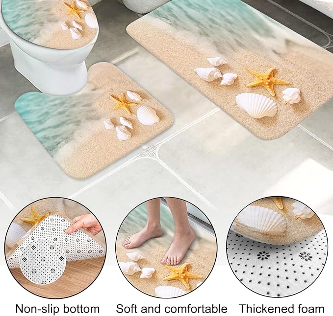 Lnond 4Pcs Summer Beach Shower Curtain Sets with Rugs, Seashore Starfish Shell Bathroom Sets with Shower Curtain and Rugs and Accessories