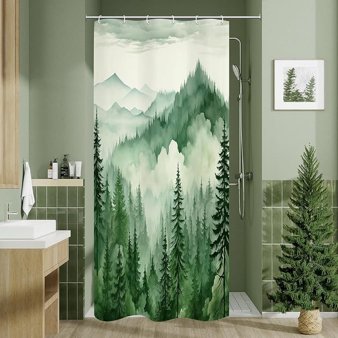 Green Small Stall Misty Pine Forest Shower Curtain 36 x 72, Mountain Foggy Woodland Scenery Tree Narrow Half Size Shower Curtains for Bathroom, Abstract Waterproof Nature-Themed Decor