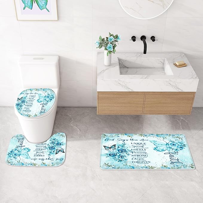Litabel 4 Pcs Teal Butterfly Inspirational Quotes Shower Curtain Set with Rugs and Toilet Lid Cover, Colorful Boho Waterproof Fabric Bathroom Set, Bible Verse Floral Bathroom Decor Set Accessories