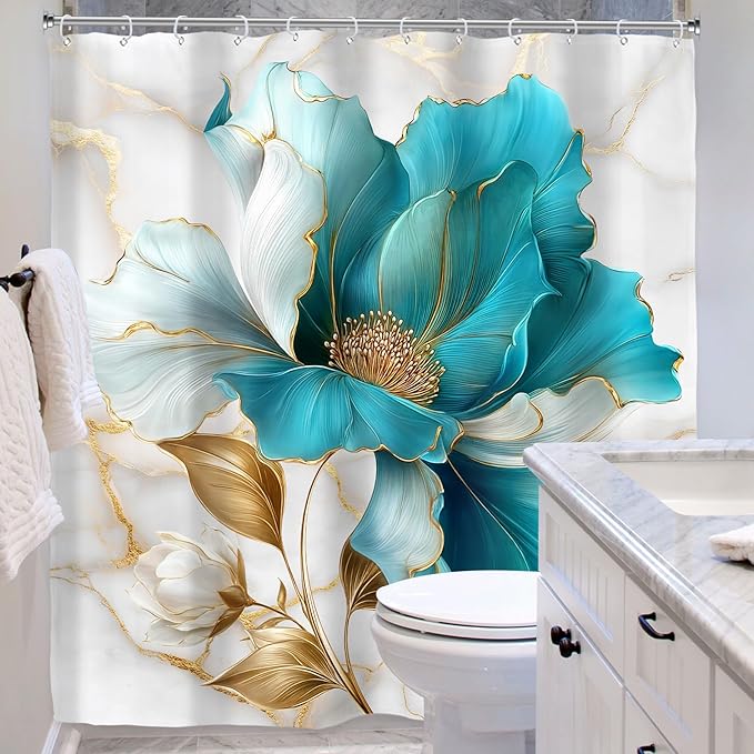 Riyidecor Teal Gold Marble Floral Shower Curtain for Bathroom Decor 72Wx78H Abstract Turquoise Golden Ombre Flower Luxury Modern Simple Art Printed Fabric Polyester Waterproof 12 Pack Plastic Hooks