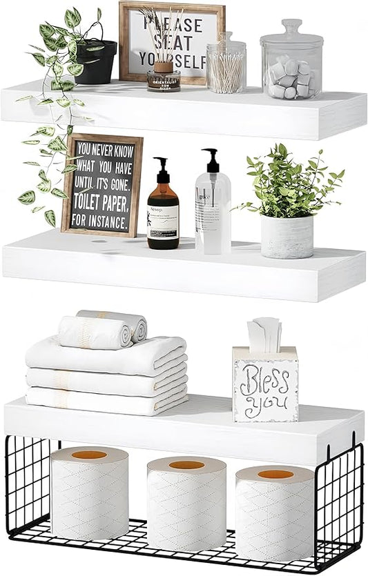 Bathroom Shelves Over Toilet - Heavy Duty Storage Rack, 25+ lbs Weight Capacity, Minimalist Design Wall Mounted Floating Shelves Toilet Paper Storage Farmhouse Decor Shelf 16 inch (White, General, 3)