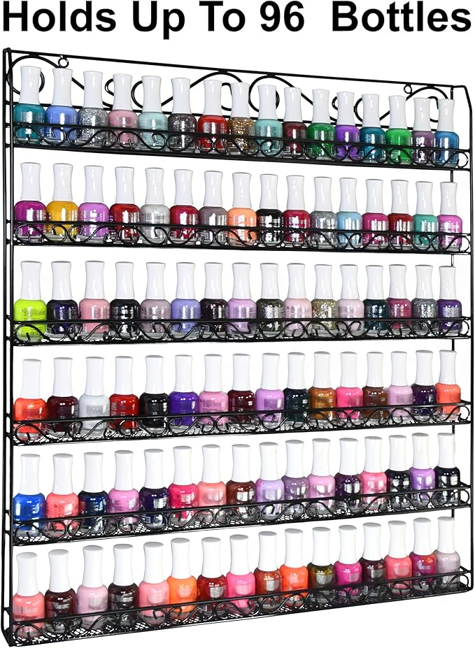 AMT 6 TIER Metal Nail Polish Racks, Fit Up To 108 BOTTLES, Black Wall Mounted, Display for The Wall, Young Living Essential Oils Organizer for Home Salon Business Spa (108 Bottles)
