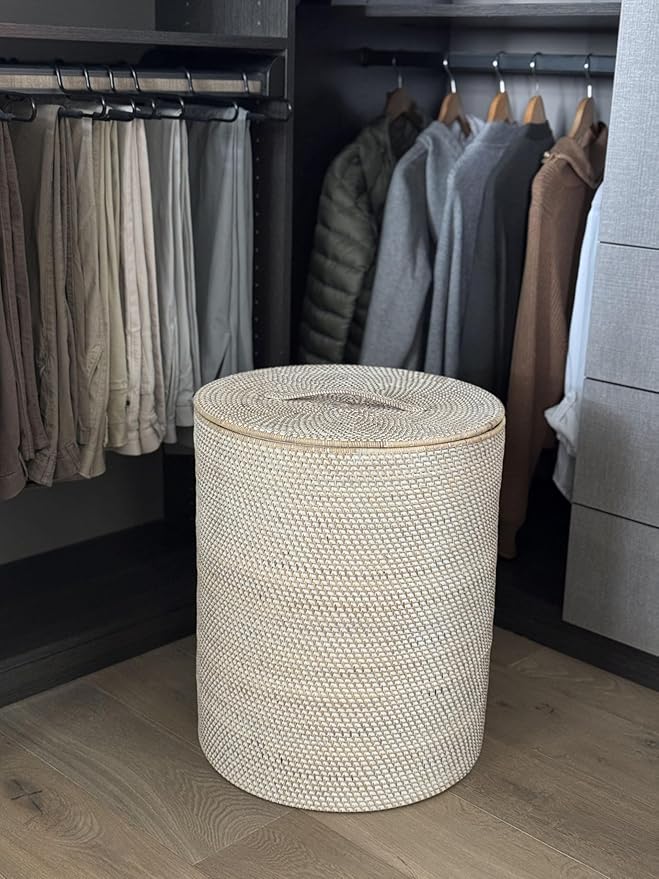 KOUBOO Loma Round Rattan Hamper Laundry Basket with Lid Removable, Natural Decor Style, Wicker Basket for Clothes Storage, Wicker Laundry Hamper