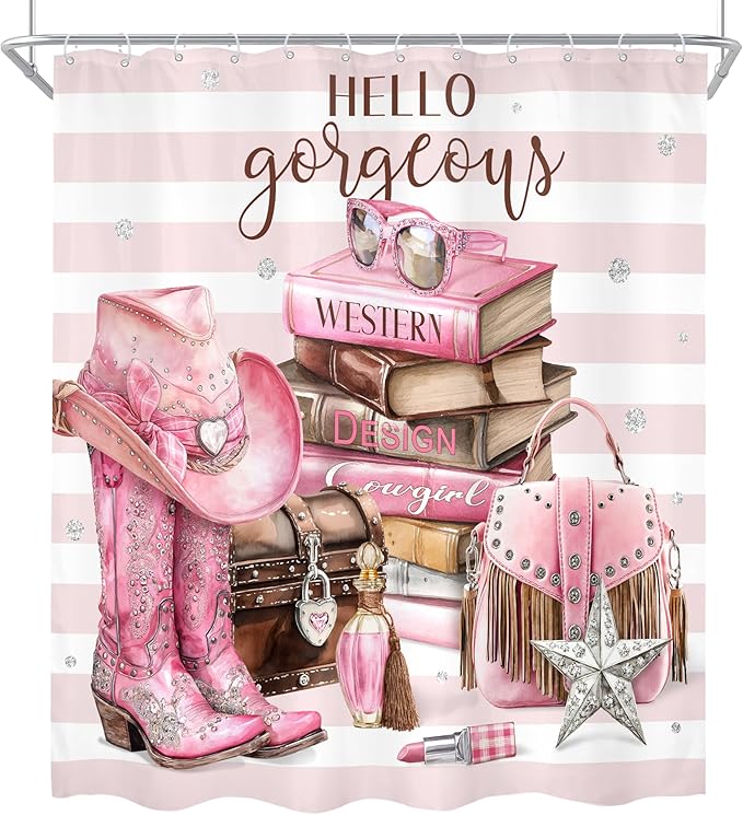 Cinbloo 4Pcs White Pink Shower Curtain Set, Western Cowgirl Fashion Diamond Boots Striped Hats Bathroom Curtain with Rug, Toilet Lid Cover, Bath Mat, Women Girls Books Shower Curtain with 12 Hooks
