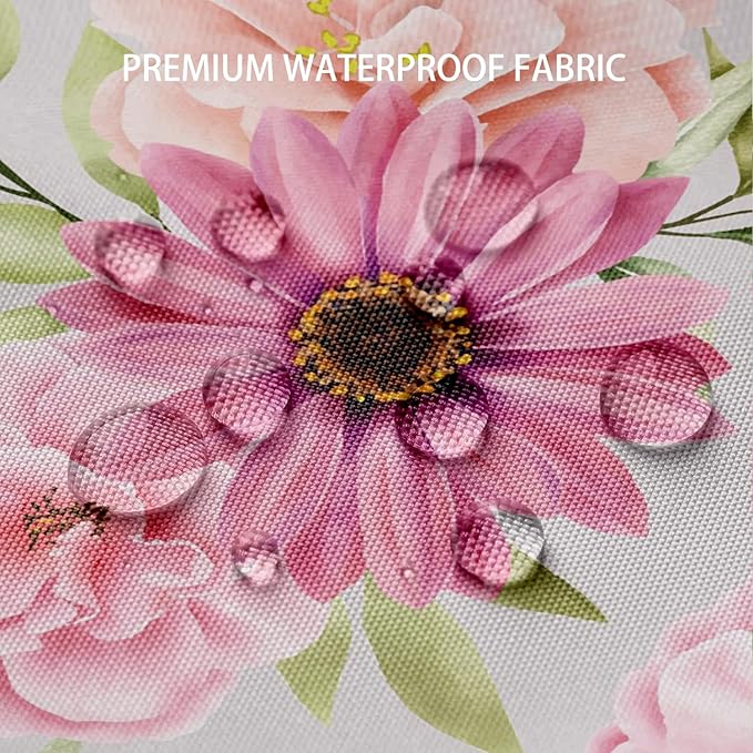 Pink Daisy Peony Flower Shower Curtains, Watercolor Floral Green Leaves Waterproof Fabric Botanical Bathroom Shower Curtain, 72 x 72 Inch
