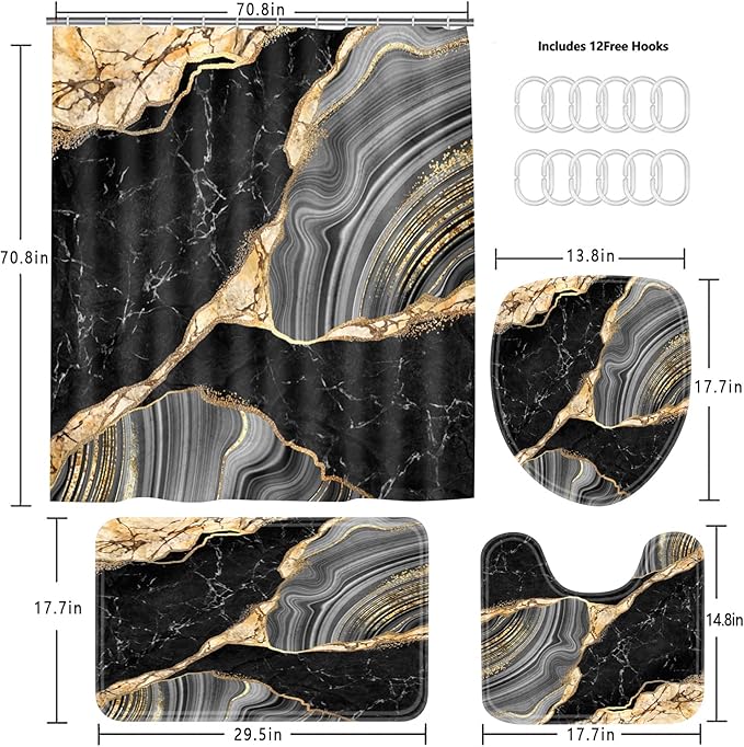 Nkzply 4 Pcs Black Marble Shower Curtain Gold Bathroom Sets with Shower Curtain and Rugs Modern Abstract Grey Shower Curtain Set Bathroom Rug Set Bathroom Decor Accessories with Hooks Toilet Lid Cover