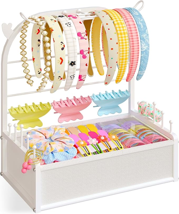Hair Accessories Organizer for Girls, Headband Holder Stand with Storage Base, Deer Antler Display for Headbands, Scrunchies, Bows & Clips, Cute Vanity Organizer, White