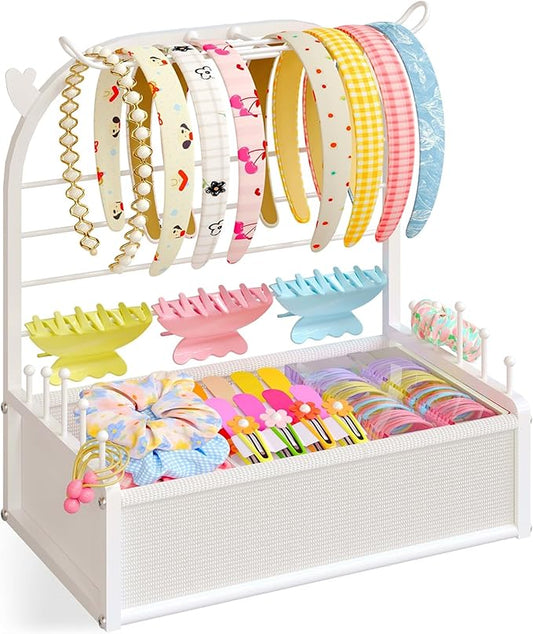 Hair Accessories Organizer for Girls, Headband Holder Stand with Storage Base, Deer Antler Display for Headbands, Scrunchies, Bows & Clips, Cute Vanity Organizer, White