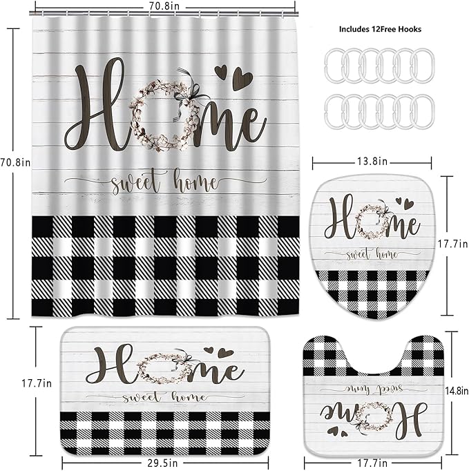 FZDHHY 4Pcs Black and White Shower Curtain Set, Modern Farmhouse Bathroom Sets, Buffalo Plaid Bathroom Sets with Shower Curtain and Rugs, Shower Curtain with 12 Hooks