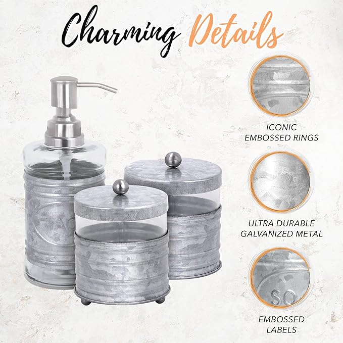 Autumn Alley Adorable 3 Piece Modern Farmhouse Bathroom Accessory Set for Sink/Vanity - Galvanized Soap Dispenser, Cotton Ball Container with Lid, Qtip Organizer – Rustic Farmhouse Bathroom Decor
