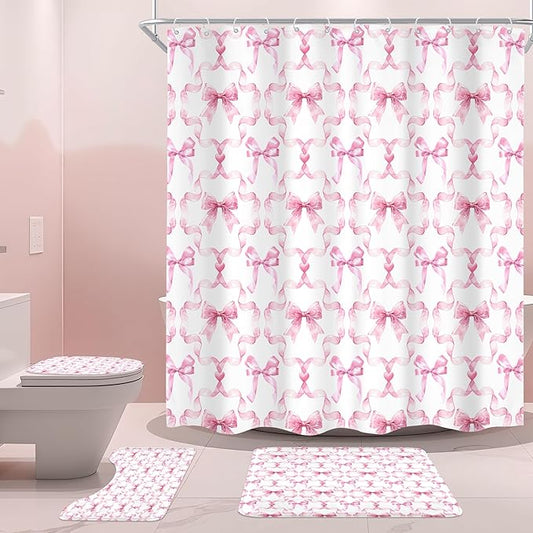 Cinbloo 4Pcs Pink Bow Shower Curtain Set, Retro Coquette Preppy Modern Fashion Pretty Sweet Girly Bathroom Curtain with Rug, Toilet Lid Cover, Bath Mat, Aesthetic Shower Curtain with 12 Hooks