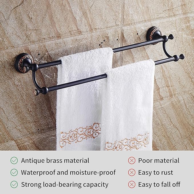 Oil Rubble Bronze Brass Double Towel Bar, Adjustable 15.5 to 27.5 Inch Bath Towel Bar Rack for Bathroom Towel Holder, Wall Mounted Black Bathroom Hardware Accessories,Pattern Carving Design