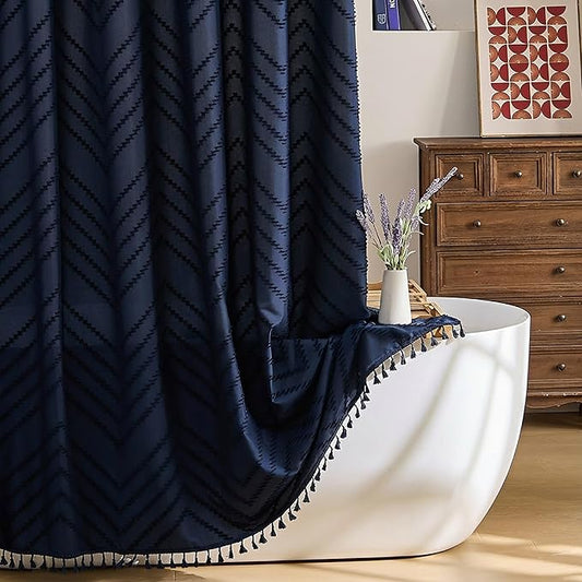Extra Long Shower Curtains 72 x 84 Inches Tufted Chevron Navy Blue Shower Curtains Fabric for Bathroom Modern Shabby Chic Waterproof Cloth Shower Curtain