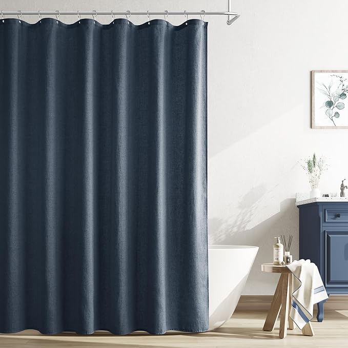 Naturoom Denim Blue Linen Shower Curtain, Country Boho Farmhouse Bath Decor Shower Curtains Neutral Cloth Weighted Textured Fabric Bath Curtain Liner with Hooks, 72x80