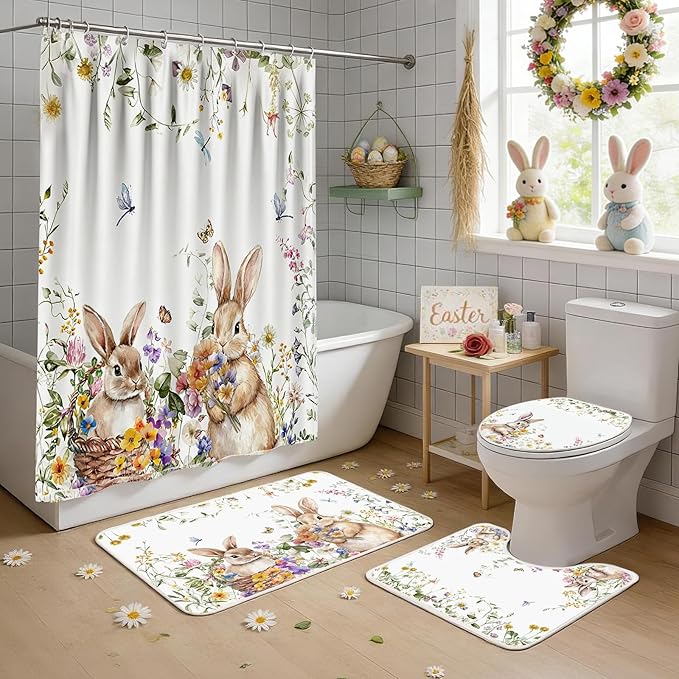 Easter Shower Curtain Set for Bathroom, Easter Rabbits Shape Red Bathroom Supplies for Spring Accessories Decor Set, Non Slip Rugs Toilet Lid Cover U Shape Bath Mat and 12 Hooks