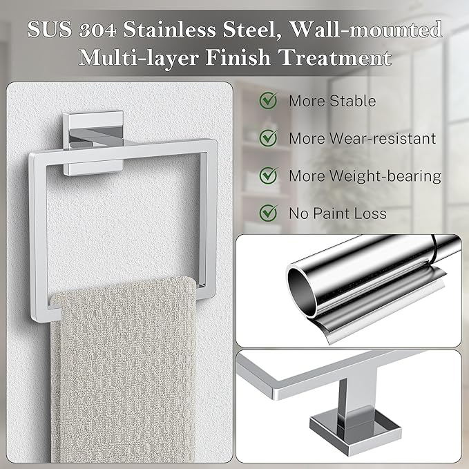 2-Piece Polished Chrome Towel Ring,Hand Towel Holder,Modern Towel Holder Stainless Steel Towel Rack Wall-Mounted Bathroom Towel Hanger