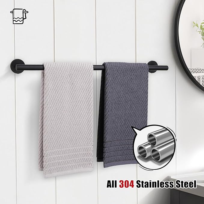 TURS Bath Towel Bar 23.6 Inch Towel Rack Stainless Steel Round Towel Holder Matte Black Wall Mounted