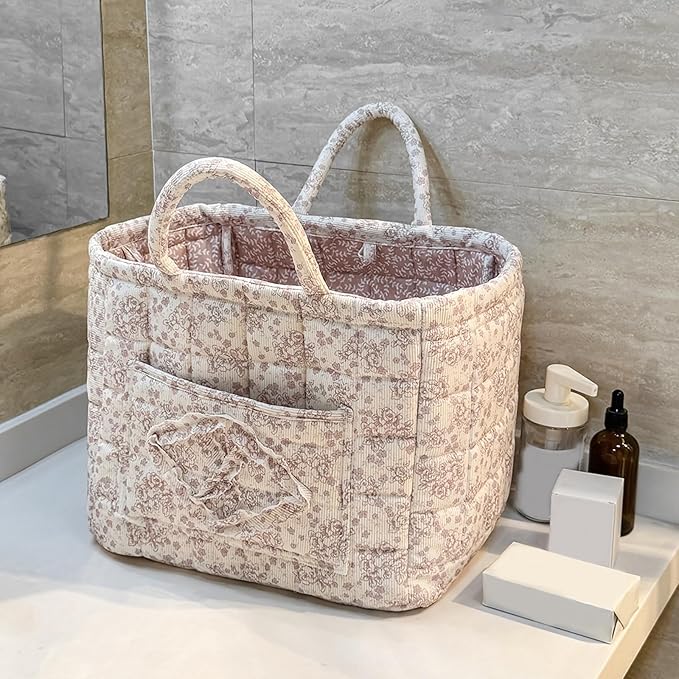 Quilted Storage Basket Boho Fabric Floral Laundry Nursery Basket Folding Quilted Baskets with handles for Car Clothes Toys
