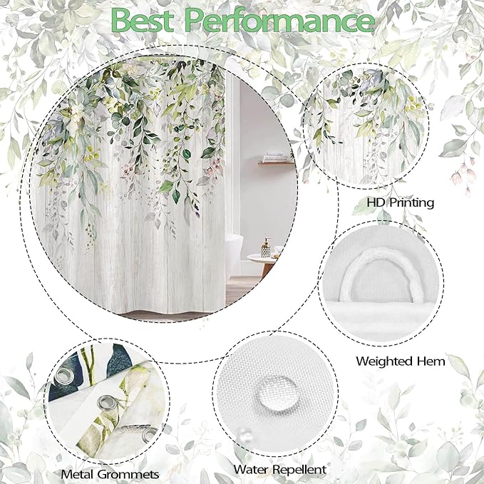 kampdream Eucalyptus Plant Rustic Shower Curtain, Watercolor Leaves On The Top Country Farm House Shower Curtain, Spring Botanical Bathroom Curtain 72 ×72 Inch