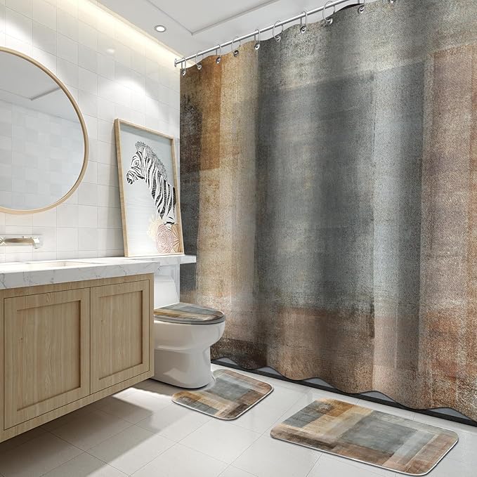Lnond 4Pcs Bathroom Shower Curtain Sets with Rugs,Brown Gradient Painting Art Bathroom Sets with Shower Curtain and Rugs and Accessories