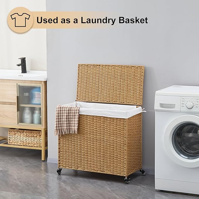 Handwoven Hamper with Lid, Laundry Basket with Wheels, Machine Washable Liner, 3 Section Clothes Hamper for Bathroom Laundry Room Bedroom, Rattan, 165L