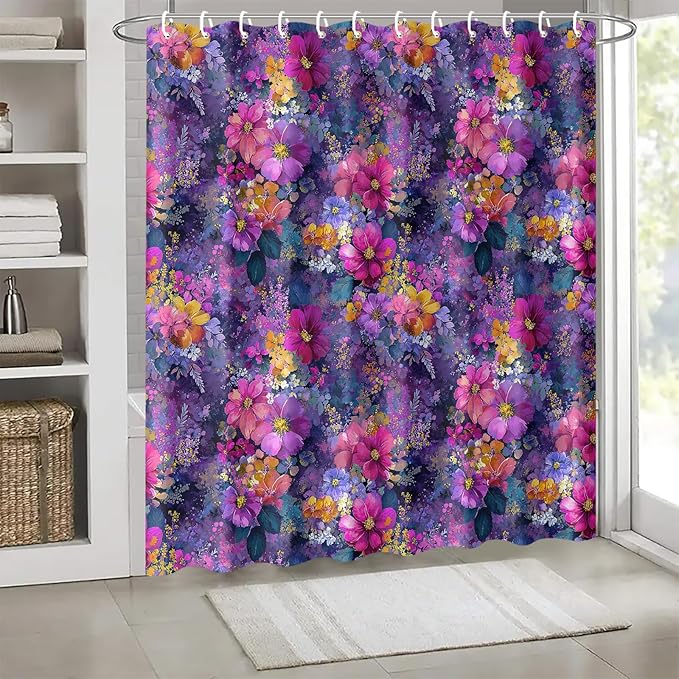 Floral Shower Curtain 72x72 Inch Fabric Bathroom Curtain Purple Flower Print for Boho Bathroom Decor