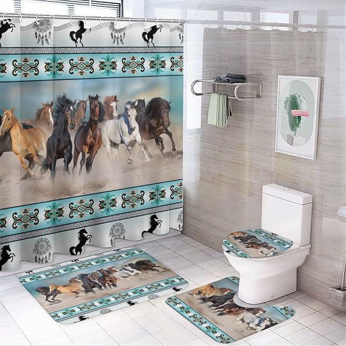 Native Americans Horse 4 Pcs Waterproof Shower Curtain Set,Abstract Tribal Farmhouse Aztec Dream Catcher Horse with Waterproof Toilet Cover Shower Mat Rugs