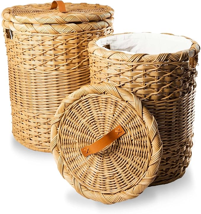 The Basket Lady Round Wicker Laundry Hamper, Extra Large, 23 in Dia x 28 in H, Sandstone