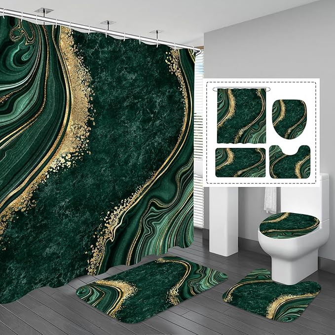 Gibelle 4 Pcs Luxury Marble Shower Curtain Set with Non-Slip Rugs, Toilet Lid Cover and Bath Mat, Gold Foil Emerald Green Bathroom Decor Set with Shower Curtain and Rugs and Accessories