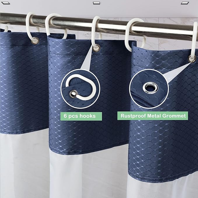 UFRIDAY Navy Blue Waffle Weave Fabric Shower Curtain with Mesh Window Stall Shower Curtain 36 x 72 inch, Heavy Duty Decorative Bathroom Curtain, Spa-Like Hotel Luxury, Water-Repellent