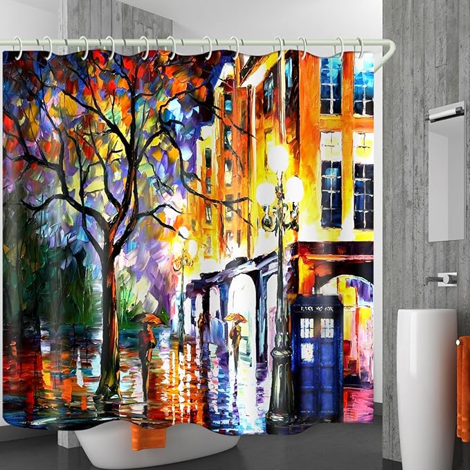 Bright Fabric Shower Curtains, Oil Painting Street Theme Design Art Shower Curtains, Bathroom Decor Set, 12 Shower Curtain Hooks (72 "Wx72 L) Inch Waterproof Shower Curtain.