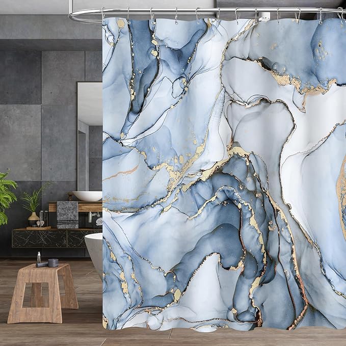 4PCS Light Blue Gold Marble Shower Curtain Sets with Rugs, Abstract Luxury Bathroom Sets with Shower Curtain and Rugs, Gold Bathroom Curtains Shower Set with Toilet Lid Cover