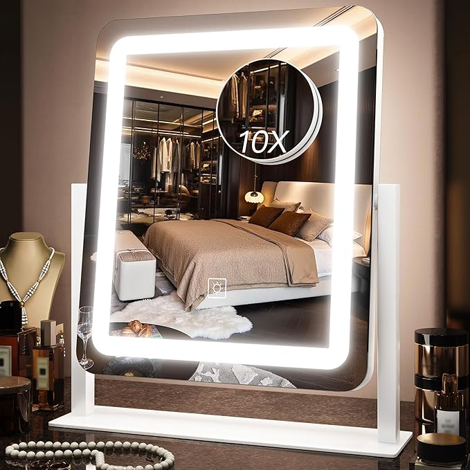 15" x13" Vanity Mirror with Lights, LED Makeup Mirror with Lights,10X Magnification Vanity Mirror with 360°Rotation, 3 Color Modes ＆ Dimmable Lighted Mirror Makeup for Desk, Travel, White