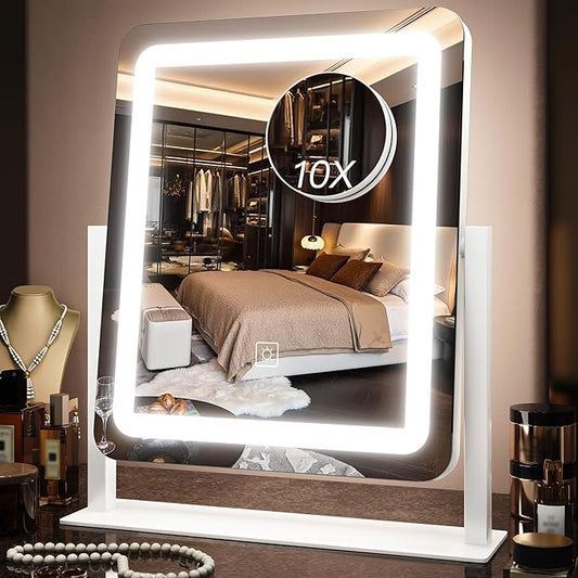 15" x13" Vanity Mirror with Lights, LED Makeup Mirror with Lights,10X Magnification Vanity Mirror with 360°Rotation, 3 Color Modes ＆ Dimmable Lighted Mirror Makeup for Desk, Travel, White