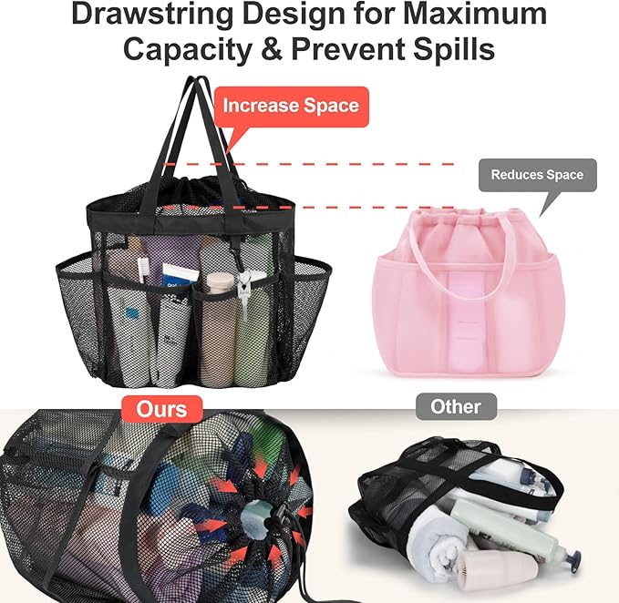 F-color Mesh Shower Caddy Portable with Drawstring - 8 Deeper Pockets 2 handles College Dorm Room Essentials for Girls Guys, Shower Caady Dorm Bag Tote for Camping Gym Travel Toiletry Bathroom, Black