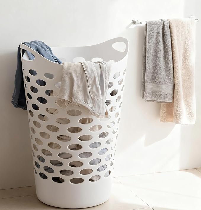 3 Pack Round Tall Plastic Laundry Basket with Handles, Lightweight & Flexible, 2.2 Bushels Large Capacity, Easy to Clean, Space Saving Laundry Hamper for Bedroom, Dorm, Bathroom, White