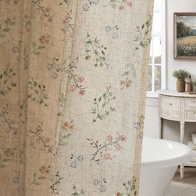 Floral Vintage Linen Shower Curtain, French Country Shower Curtains for Bathroom, 54Wx72H
