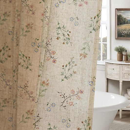 Floral Vintage Linen Shower Curtain, French Country Shower Curtains for Bathroom, 72Wx84H