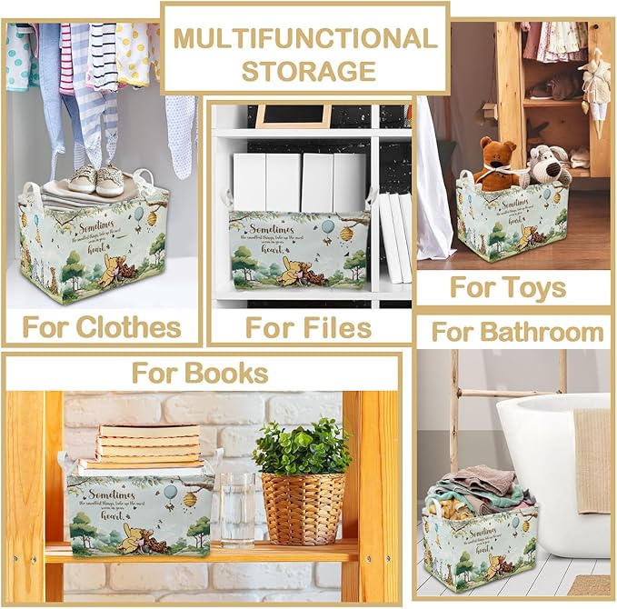 Blue Winnie Storage Basket with Handles, the Pooh Baby Stuff Storage Basket, Winnie Baby Nursery Hamper Decor, Foldable and Waterproof Canvas for Bathroom and Bedroom SetClothes,Toys Bin