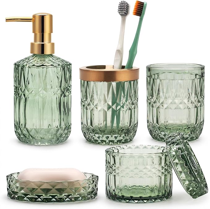 IVAILEX 5PCS Green Glass Bathroom Accessories Sets of Lotion Dispenser, Soap Dish, Toothbrush Holder, Tumbler, Cotton Swab Jars, Modern Bath Decor, Vintage Gift