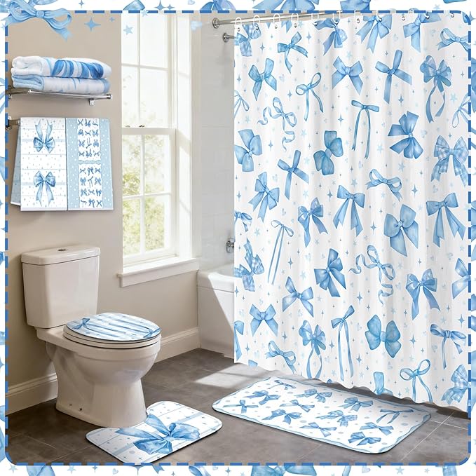 FuWeave 8 Pcs Blue Shower Curtain Set Coquette Blue Bathroom Decor Aesthetic Bow Knot Waterproof Shower Curtain Towels Non Slip Rug Toilet Lid Cover Bath Mat with 12 Hooks for Women Home Bath