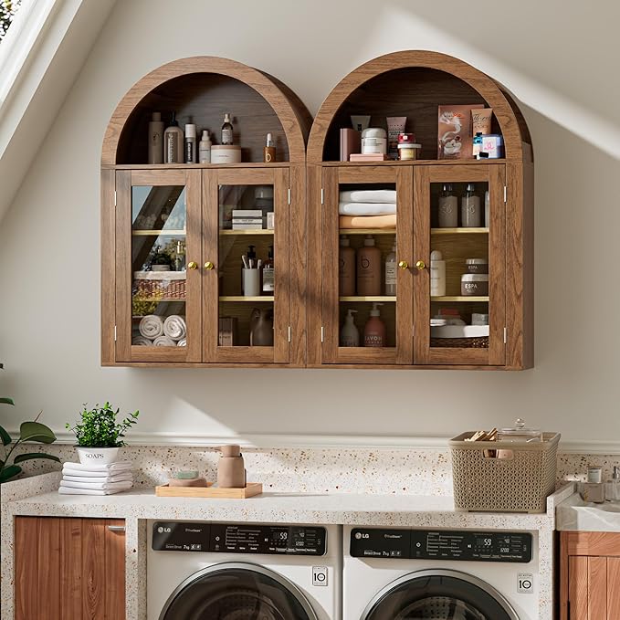 BREEZEHEAT Arched Medicine Cabinet with Glass Doors, Adjustable Shelf, Wall Mounted Bathroom Storage Cabinet Over Toilet, Walnut Wood Grain, 23.6''W × 31.5''H
