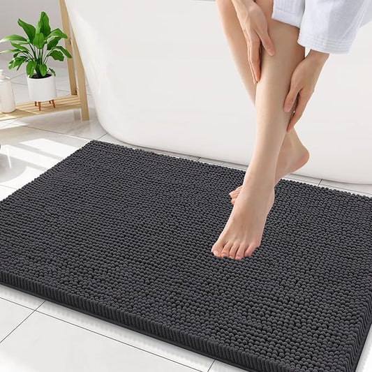 Smiry Luxury Chenille Bathroom Rugs 34x21, Extra Soft and Absorbent Shaggy Bath Mat, Machine Washable, Non-Slip Plush Carpet Runner for Tub, Shower, and Floor, Home Decor Accessories, Charcoal Grey