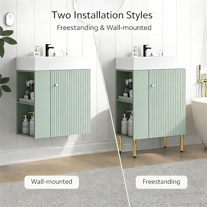 Virubi 21.6 in Small Bathroom Vanity with Sink,Doors and Storage Shelves,Wood Modern Single Fluted Bathroom Sink Cabinet Freestanding (Green,Left Shelf)