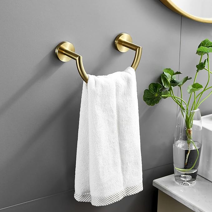 BigBig Home Brushed Gold Hand Towel Holder, Bathroom Towel Ring Stainless Steel, Semi-Circular Hand Towel Hanger Racks Wall Mounted Half Round Modern
