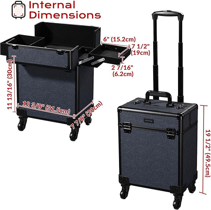 BYOOTIQUE Professional Makeup Train Case Organizer on Wheels Cosmetology Rolling Travel Storage Nail Tech Cart Hairdressing Brush Bags Tattoo Box for Beauty Salon,Rococo Midnight