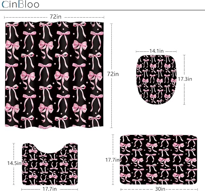 Cinbloo 4Pcs Black Pink Bow Shower Curtain Set, Retro Coquette Vintage Girly Preppy Cute Fashion Pretty Sweet Bathroom Curtain with Rug, Toilet Lid Cover, Bath Mat, Girls Shower Curtain with 12 Hooks