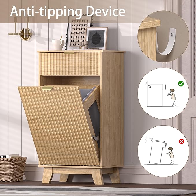 Wodeer Tilt Out Laundry Hamper Cabinet with Storage and Drawer, 10 Gallon Fluted Hidden Trash Can Cabinet, Farmhouse Wood Laundry Basket Cabinets for Bathroom, Kitchen, Natural Oak