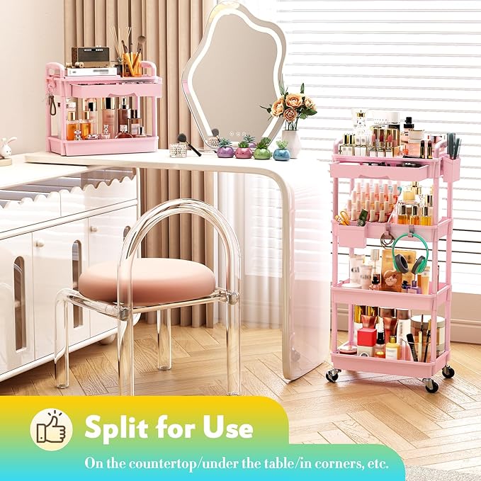 Makeup Cart Organizer with Drawers, 4 Tier Floor Skincare Organizers for Vanity, Rolling Makeup Bathroom Storage Cart Cosmetics Display Cases for Skin Care Perfume Nail Polish, Pink