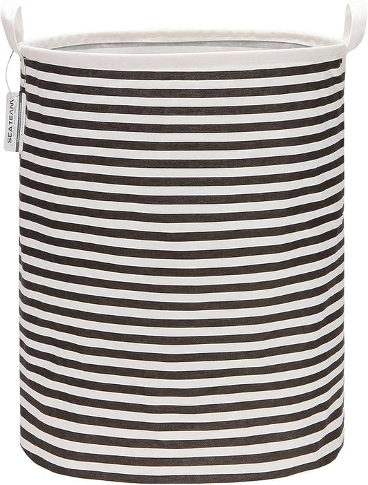 Sea Team 19.7 Inches Large Sized Waterproof Coating Ramie Cotton Fabric Folding Laundry Hamper Bucket Cylindric Burlap Canvas Storage Basket (19.7", Black & White Stripe)